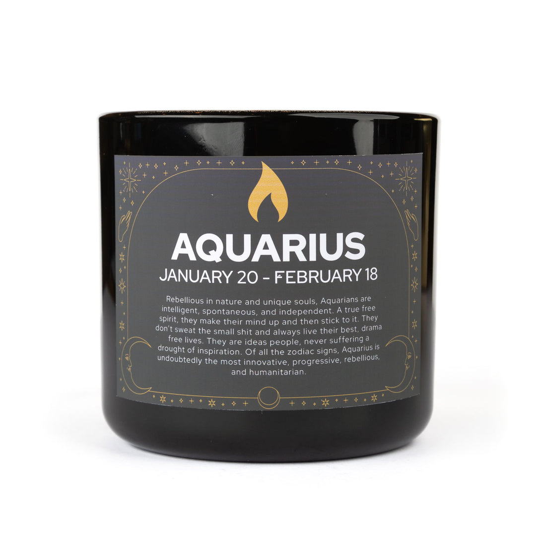Aquarius zodiac candle in black jar with gold label - lavender scented home fragrance