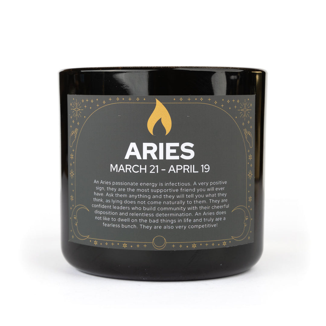 Aries zodiac candle in a black jar with gold label - sandalwood and rose petals room fragrance