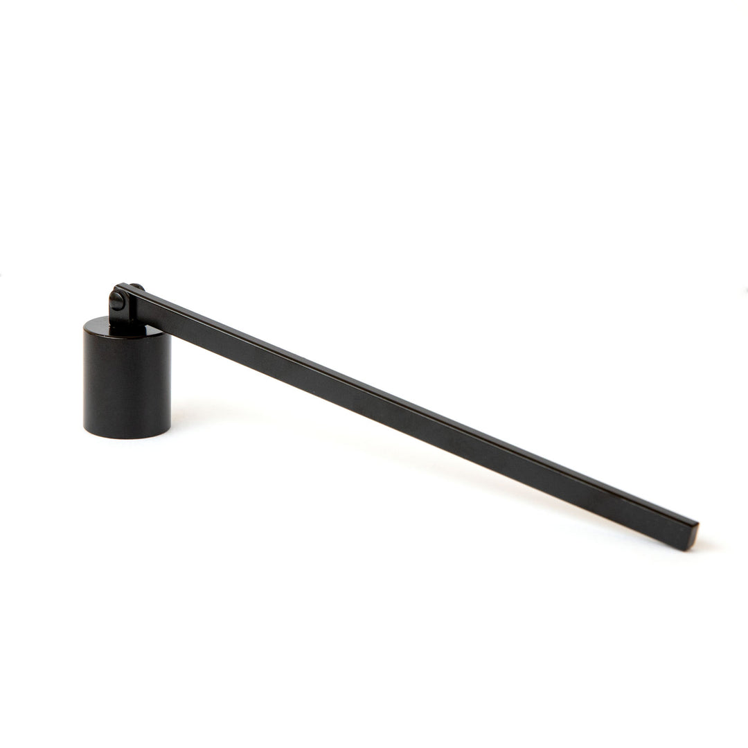 Black candle snuffer with a long handle, designed for safely extinguishing candles while preserving room fragrance, home fragrance, and home scent."