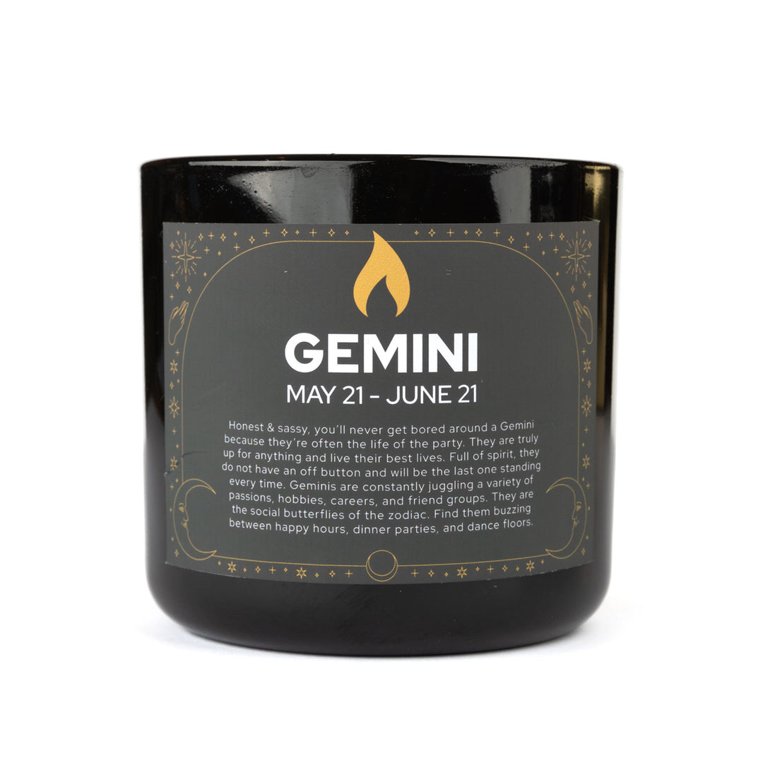 Gemini zodiac candle in black jar with gold label - verbena and lemon fragrance
