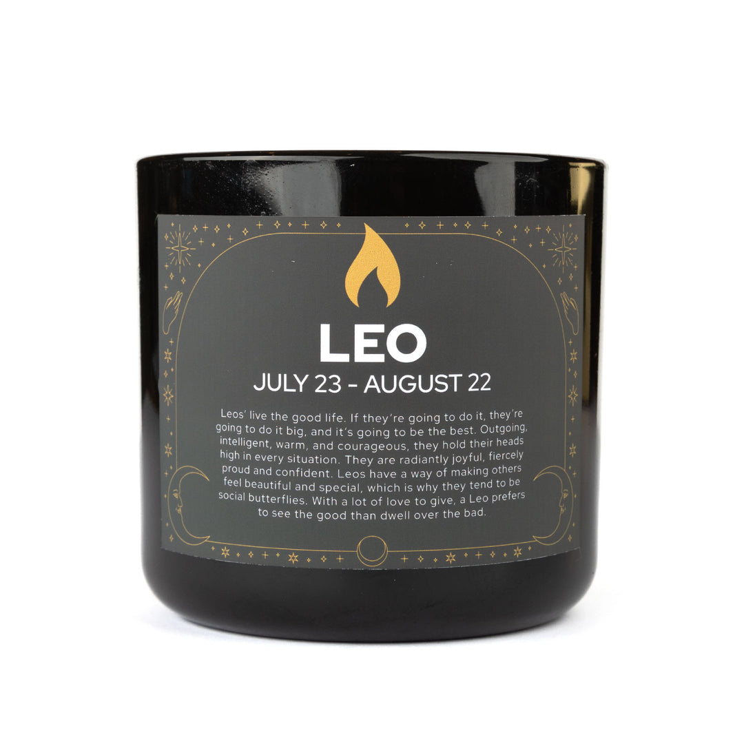 Leo zodiac candle in a black jar with gold label - white tea room fragrance