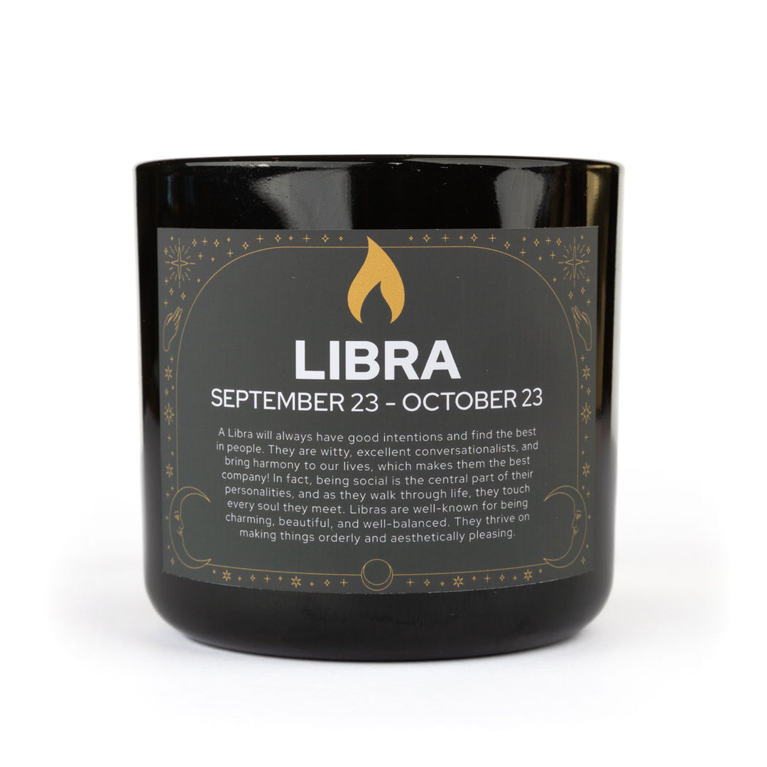 Libra zodiac candle in black jar with gold label- Elderflower and Anjou pear home fragrance
