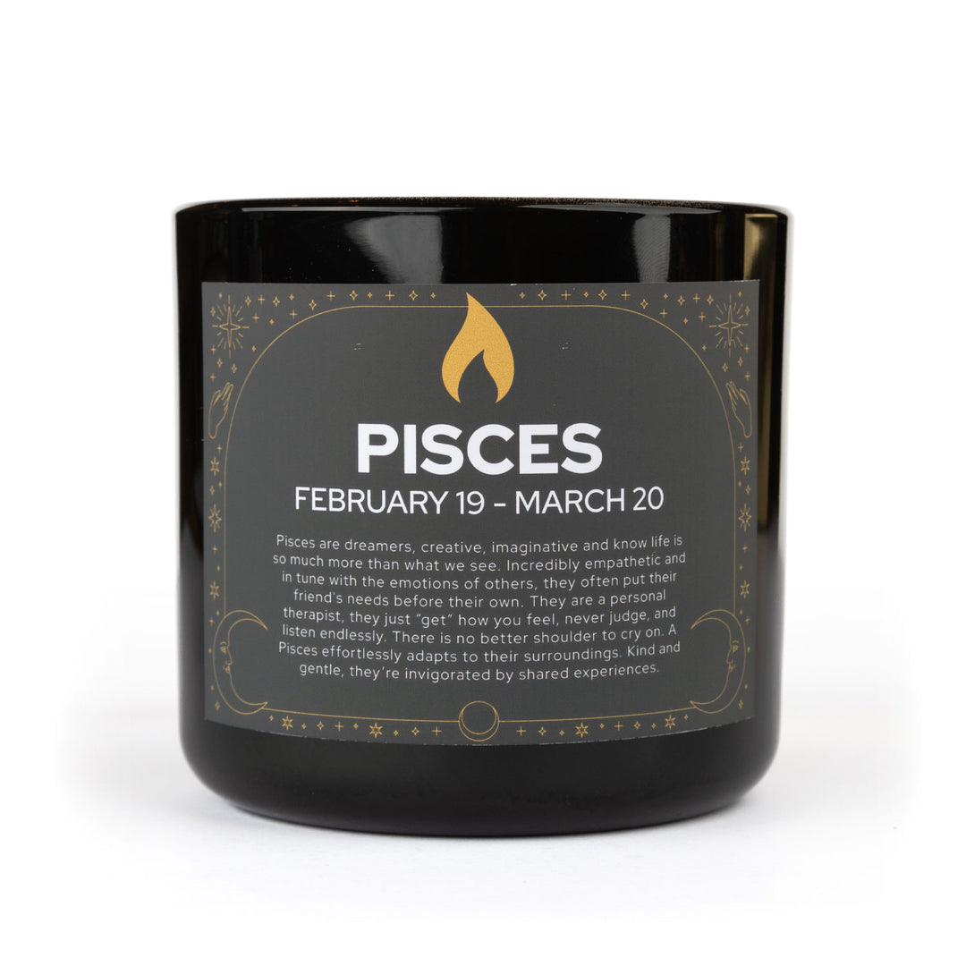 Pisces zodiac candle in black jar with gold label - green tea room fragrance