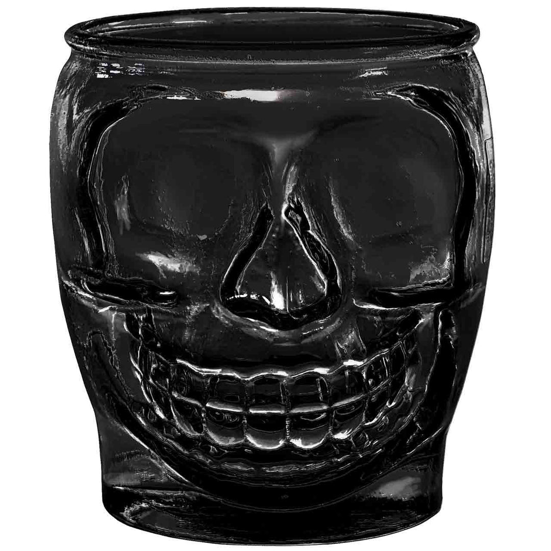 Black Sugar Skull Candle - Black recycled glass sugar skull candle with bourbon and butterscotch fragrance, bold home décor and home fragrance piece.
