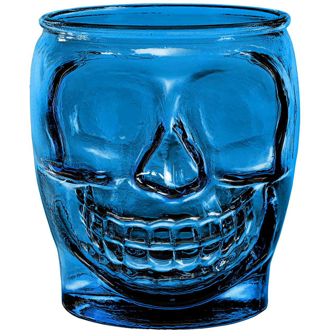 Blue Sugar Skull Candle - Blue recycled glass sugar skull candle, long-lasting room fragrance with bourbon and butterscotch scent.