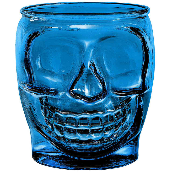 Blue Sugar Skull Candle - Blue recycled glass sugar skull candle, long-lasting room fragrance with bourbon and butterscotch scent.