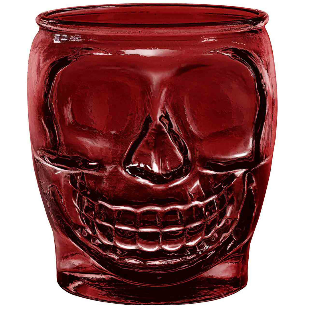 Red Sugar Skull Candle - Red sugar skull candle in vibrant recycled glass, decorative home fragrance with bold bourbon and butterscotch aroma.